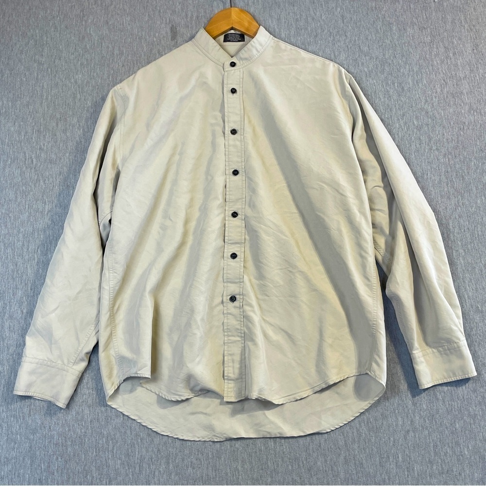 New Edition Dress Shirt Men’s Medium Beige Band Collar Button Up Long Sleeve